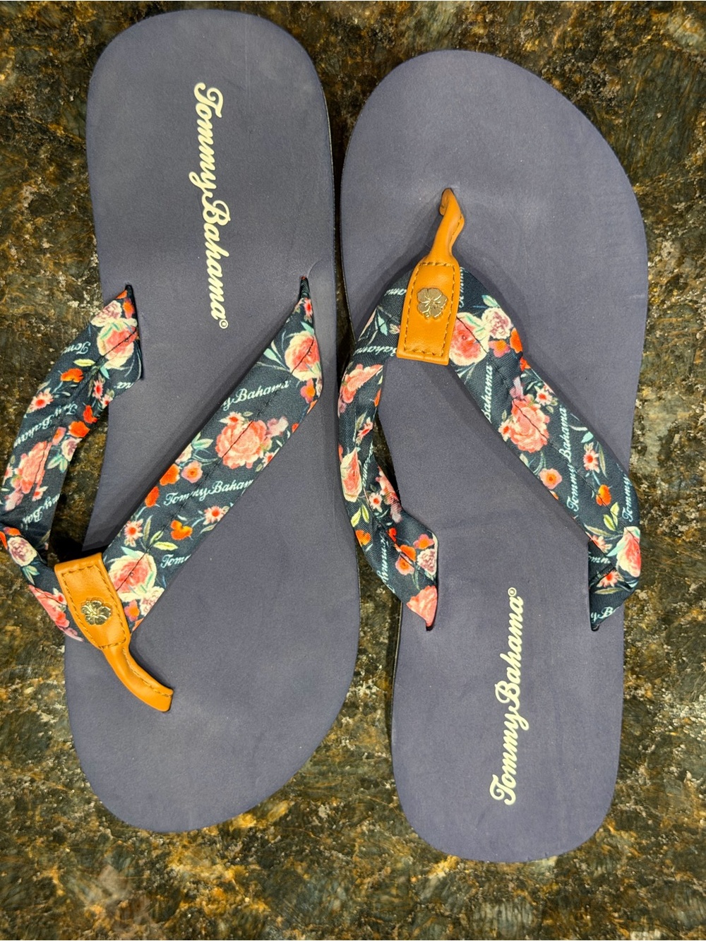 Tommy Bahama Navy Floral Strap Sandals with Tan Accents